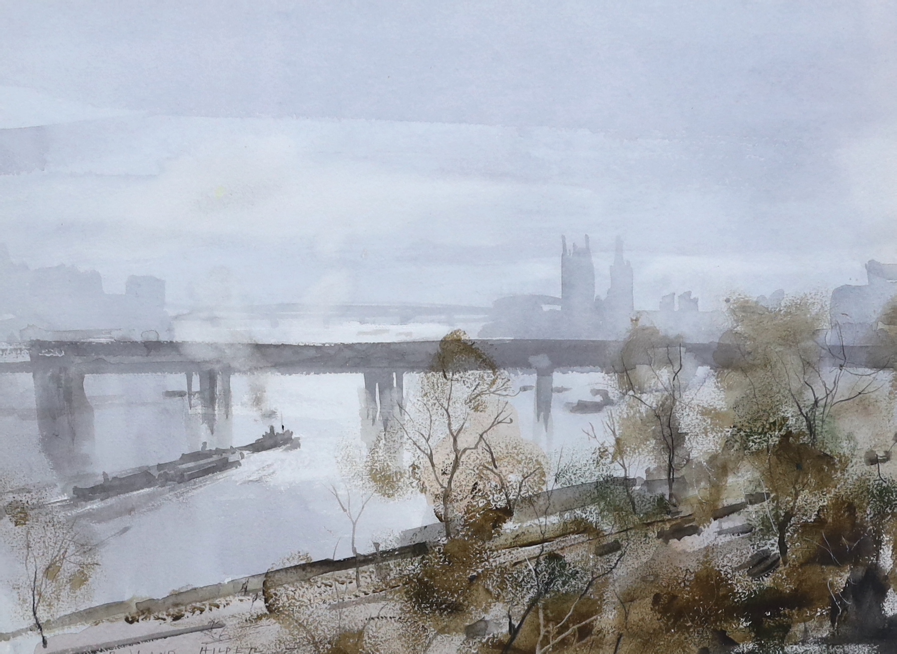 Rowland Hilder (1905-1993), 'Thames Misty Morning', watercolour, 27 x 36.5cm